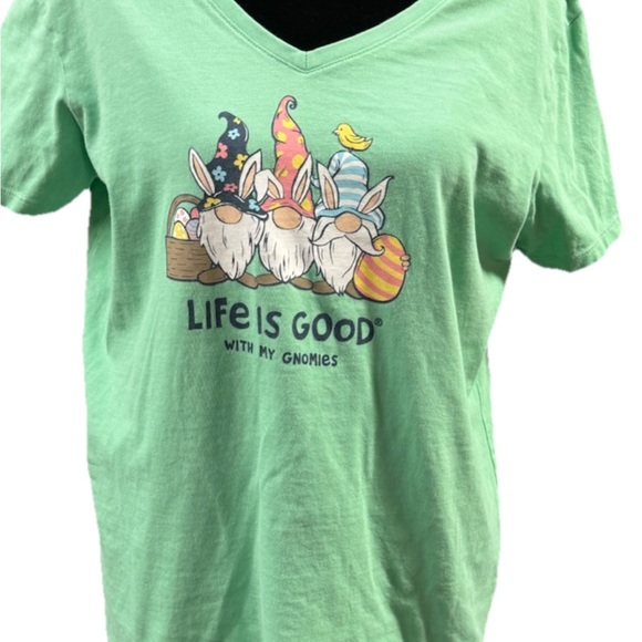 Life Is Good Tops - Life Is Good Women's Large Green Tee with Gnomes Graphic Gnomies Easter Holiday